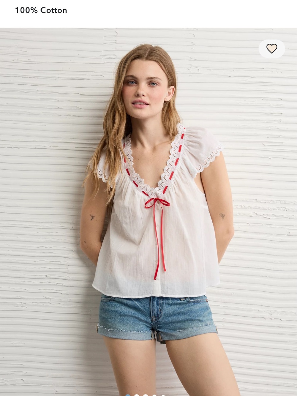 White Cotton Eyelet V-Neck Top